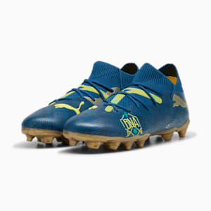 PUMA x NEYMAR JR 7 MATCH "BNA" Firm Ground/Artificial Ground Big Kids' Soccer Cleats, Sailing Blue-Marine Blue-Pelé Yellow-Grassy Green-Gold, extralarge